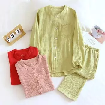 Новый весенне-осенний комплект пижамы для пар из 100% хлопкового крепа, мужские и женские брюки с длинным рукавом, домашний костюм, комплект из двух предметов M