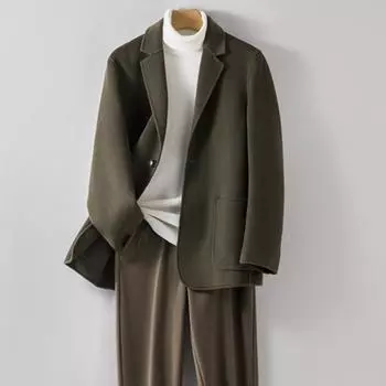 Новый весенне-осенний костюм из 100% шерсти, короткий костюм без кашемира для мужчин, двухстороннее шерстяное пальто в корейском стиле L чёрный