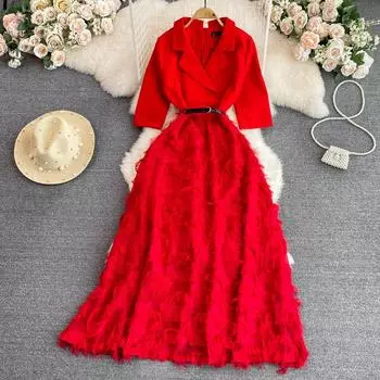 Новый весенне-осенний красный, черный пиджак, вечернее платье, женское модное длинное платье макси до щиколотки с кисточками и половиной рукава S красный