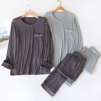 Новый весенне-осенний мужской пижамный комплект из модальных брюк с длинным рукавом, двухкомпонентный свободный домашний костюм большого размера, пижама для мужчин, одежда для сна M