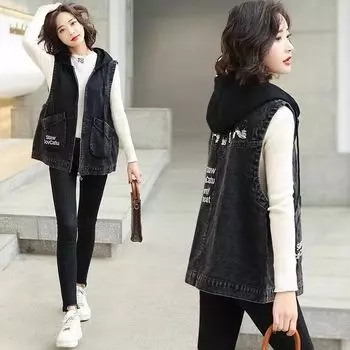 Новый весенне-осенний однотонный джинсовый жилет без рукавов, пальто, куртки, ковбойский жилет, женский повседневный джинсовый жилет с капюшоном, куртка 4XL