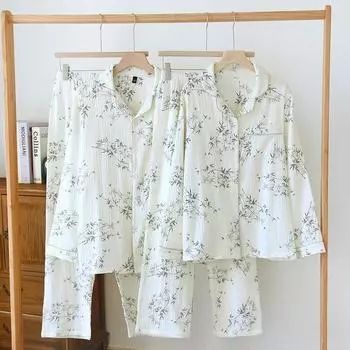 Новый весенне-осенний парный пижамный комплект из 100% хлопкового крепа, брюки с длинными рукавами для мужчин и женщин, большой комплект домашней одежды M