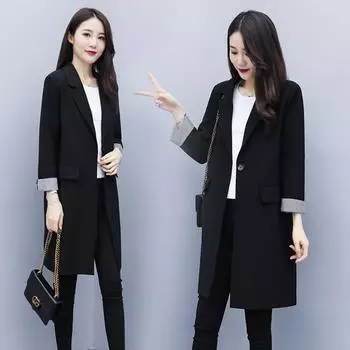 Новый весенне-осенний пиджак средней длины, тонкий корейский повседневный свободный черный костюм женский S чёрный