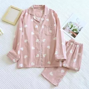 Новый весенне-осенний пижамный комплект из двух частей для женщин из хлопка с длинными рукавами и брюками Love Lovely Sweet Home Furnishing M красный