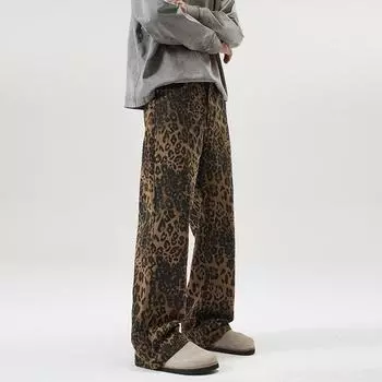 Новый весенне-осенний стиль джинсы с леопардовым принтом мужские свободные прямые А-силуэта широкие брюки кэжуал S