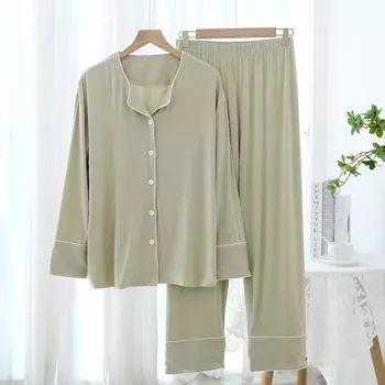 Новый весенне-осенний женский пижамный комплект из модала, чистый цвет, простой тонкий кардиган с длинными рукавами, брюки, двухкомпонентный домашний костюм, одежда для сна M