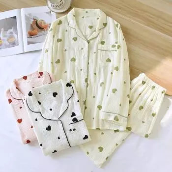 Новый весенне-осенний женский пижамный комплект из 100% хлопкового крепа с длинными рукавами и длинными брюками из двух предметов Love Sweet Home Clothes M