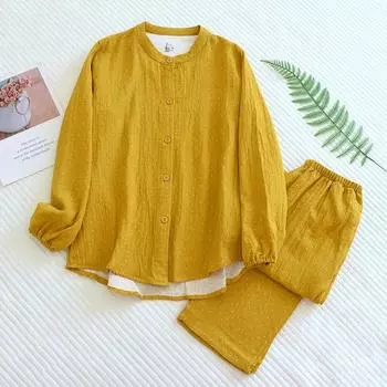 Новый весенне-осенний женский пижамный комплект из 100% хлопка с длинными рукавами, брюки из двух частей, простая повседневная домашняя одежда, одежда для сна M розовый