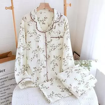 Новый весенне-осенний женский пижамный комплект из 100% хлопкового крепа с длинными рукавами и длинными брюками, симпатичный кардиган M белый