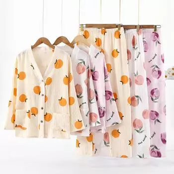 Новый весенне-осенний женский пижамный комплект из двух предметов: тонкий хлопковый креп с длинными рукавами, симпатичный кардиган, домашняя пижама M