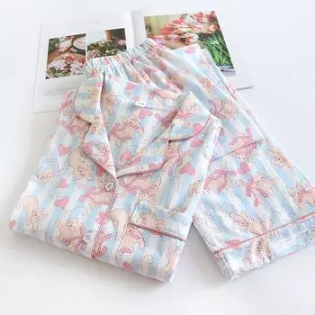 Новый весенне-осенний женский пижамный комплект из 100% хлопка, симпатичные свободные брюки с длинными рукавами, комплект из двух предметов для дома M синий