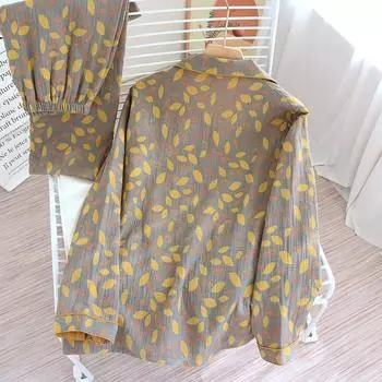 Новый весенне-осенний женский повседневный пижамный комплект с лацканами из 100% хлопка, креповая пряжа, окрашенная в стиле ретро, брюки с длинными рукавами, домашний костюм из двух частей M