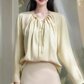 Новый весенний дизайн, длинный рукав, круглый вырез, женская свободная льняная рубашка с галстуком, свободная повседневная рубашка S