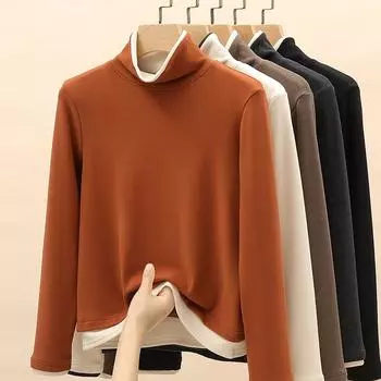 Новый весенний и осенний наряд Fake Two Футболки с длинными рукавами, женские базовые рубашки, многослойные и прошитые, контрастное нижнее белье с высоким воротом M чёрный