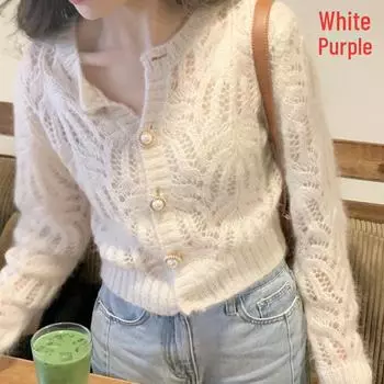 Новый весенний мохеровый вязаный кардиган: Тонкий, полый, свободный свитер One Size белый