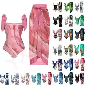 Новый винтажный женский цельный купальник с этническим принтом из двух частей, прозрачная юбка, консервативный купальник с подкладкой пуш-ап, пляжная одежда S