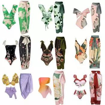 Новый винтажный женский цельный купальник с этническим принтом из двух частей, прозрачная юбка, консервативный купальник с подкладкой пуш-ап, пляжная одежда S