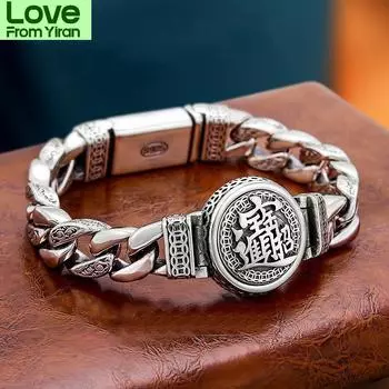 Новый властный мужской браслет с шестью символами Mantra Turntable, большой толстый браслет с передачей индивидуальности в стиле ретро, модные ювелирные изделия 21-22cm