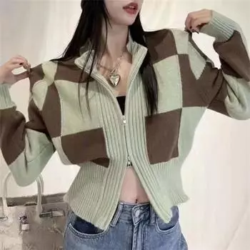 Новый воротник-стойка дизайн ниша контрастные цвета осень шахматная молния вязаный кардиган свитер куртка женская One Size