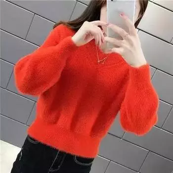 Новый вязаный базовый свитер для женщин, свободный ленивый стиль, модный воротник в виде куриного сердца, пуловер, норковый вельвет S красный