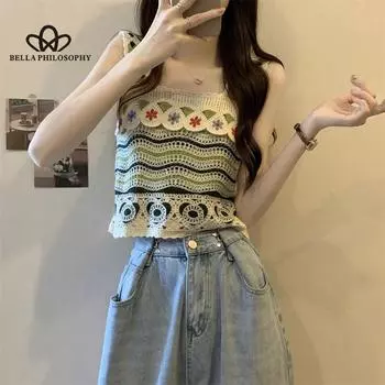 Новый вязаный крючком жилет с квадратным воротником и слингом, женские модные повседневные пляжные топы one size хаки