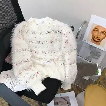 Новый вязаный маленький ароматный стиль в горошек контрастный вязаный свитер мягкий липкий пуловер для женщин на осень one size белый