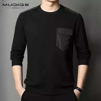 Новый вязаный свитер с круглым вырезом из смеси шерсти, функциональная однотонная уличная футболка с длинными рукавами, модная M чёрный