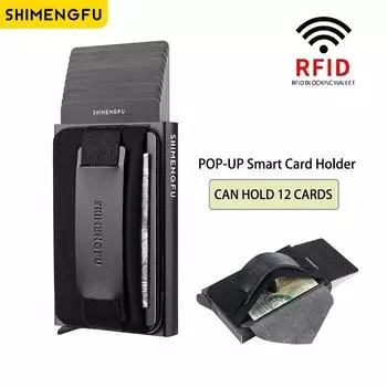 Новый всплывающий держатель для карт с блокировкой RFID, кожаный + металлический кошелек для банковских карт, мужской чехол для удостоверения личности, минималистичный кредитный держатель для карт, сумка для женщин чёрный