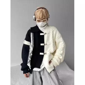 Новый высококачественный мужской кардиган с контрастной строчкой — свободный, теплый вязаный свитер для осени/зимы L чёрный