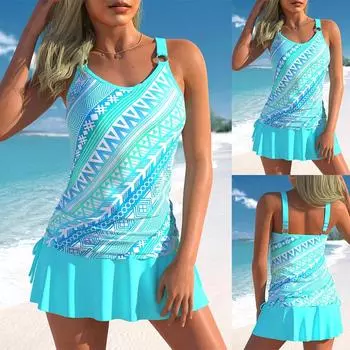 Новый высококачественный, удобный и сексуальный женский полосатый напечатанный регулируемый купальник жилет короткая юбка комплект из двух предметов S-6XL S синий