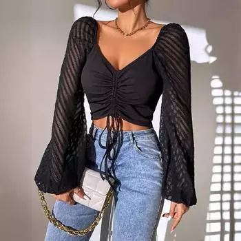 Новый Xun Sweetheart Neck нагрудный ремень Фонарь рукав открытый пупок Топ S чёрный