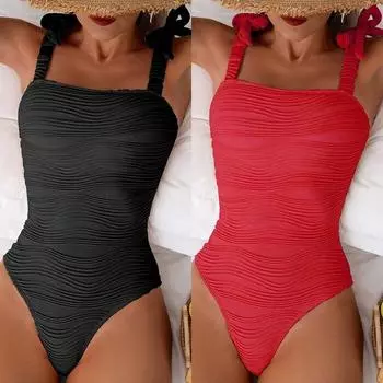 Новый закрытый купальник консервативного стиля слитный женский летний однотонный купальник бикини с бретельками на шее S абрикосовый