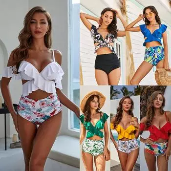 Новый женский элегантный купальник с перекрестными оборками на груди и разрезом, модный свежий цветочный купальник с высокой талией, сексуальный купальник на бретельках, изысканное пляжное бикини S белый