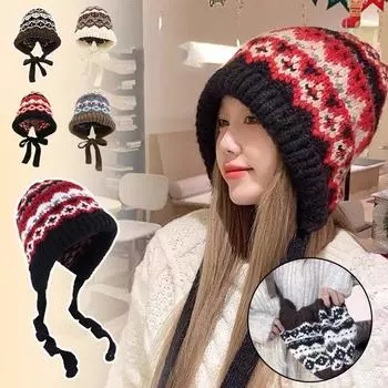 Новый женский этнический стиль полосатый сплайсированный вязаный шерстяной устойчивый теплый и утолщенный и для осени M5M8 khaki-One size