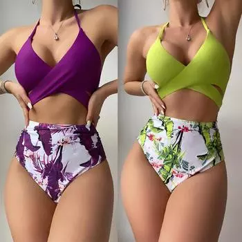 Новый женский цельный бикини на шнуровке с крестом, сексуальный купальник с открытой спиной и высокой талией, модный купальник с цветочным принтом, новинка, бикини S фиолетовый