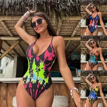 Новый женский цельный купальник бикини, окрашенный в галстук, модный красочный плотный купальник с открытой спиной, персонализированный трендовый бикини в стиле граффити S красный