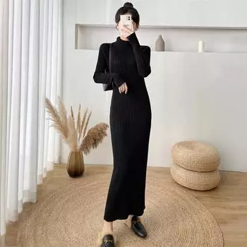 Новый женский длинный свитер женское платье осень зима мода теплая водолазка длинный рукав тонкий трикотажное платье простота базовый свитер One Size чёрный