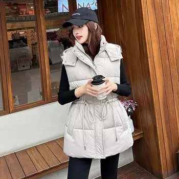 Новый женский хлопковый жилет Осень Зима Хлопковая куртка Парки Корейская версия Модный Приталенный С капюшоном Хлопковый жилет Клип M