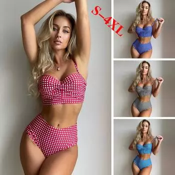 Новый женский классический клетчатый принт с разрезом бикини, купальники, сексуальное бикини с высокой талией и бретельками для отдыха, пляжный комплект бикини, большой размер, толстый купальник S розовый