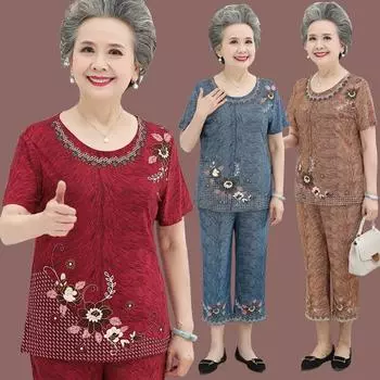 Новый женский комплект из 2 предметов большого размера, свободная футболка с короткими рукавами и принтом, топы + брюки, костюмы для мам среднего возраста, летние XXXXL красный