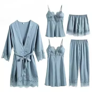 Новый женский комплект из 5 предметов, свадебное платье для подружки невесты, женская пижама, белое кимоно, пижама из вискозы, повседневная пижама, домашняя одежда M чёрный