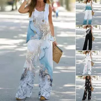 Новый женский комплект из двух предметов с принтом, топ без рукавов с круглым вырезом + широкие брюки с высокой талией, повседневный свободный шифоновый женский комплект из 2 предметов S зелёный