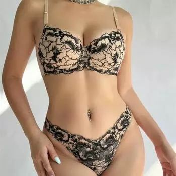 Новый женский комплект нижнего белья, сексуальный кружевной бюстгальтер с вышивкой, романтичный бюстгальтер Push Up на косточках, тонкая чашечка, нижнее белье M бежевый