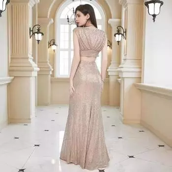 Новый женский комплект одежды, мини-жилет без рукавов с пайетками, облегающее платье со средней линией талии и запахом на бедрах S абрикосовый