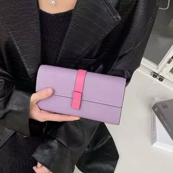 Новый женский кошелек из натуральной кожи, верхний слой из коровьей кожи с узором личи, длинная сумка с тремя отделениями, контрастного цвета 18x2.5x10cm коричневый