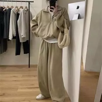 Новый женский костюм на осень и зиму, повседневный спортивный костюм, маленький темперамент, толстовка с воротником-стойкой и брюки, комплект из двух предметов M