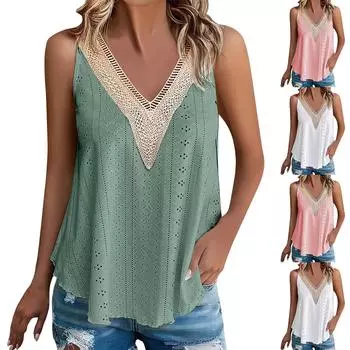 Новый женский кружевной однотонный топ без рукавов с v-образным вырезом, повседневный жилет L зелёный