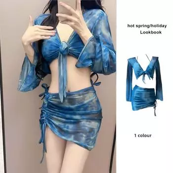 Новый женский купальник бикини из четырех частей, консервативный солнцезащитный костюм с длинными рукавами и сплит-защитный купальник для женщин.