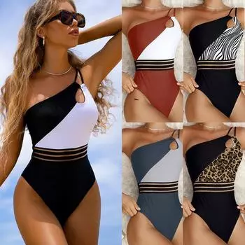 Новый женский купальник-бикини, треугольный цельный однотонный купальник с бикини, сексуальный комплект бикини на одно плечо S чёрный/белый