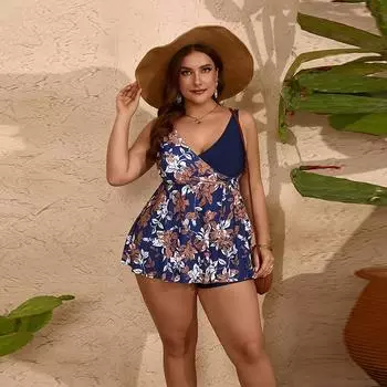 Новый женский купальник с цветочным принтом из двух предметов, комплект танкини 2024, сексуальный купальник, большой размер, комплект бикини, монокини, летний купальник, пляжная одежда 0XL синий